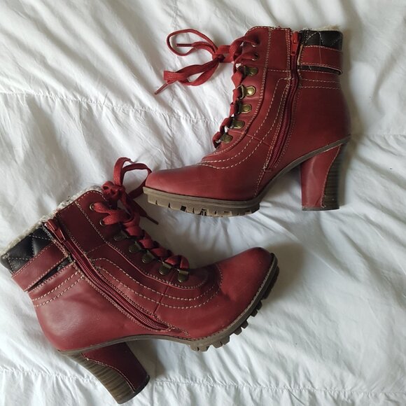 Red winter heel boots with high sole for more comfort - Picture 2 of 4